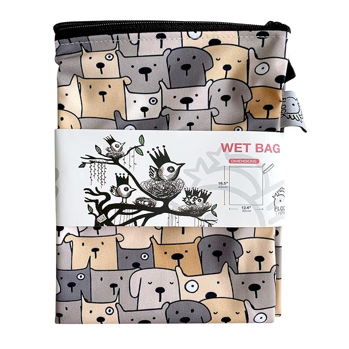 FLOCK THREE Washable and Reusable Wet Bag Diaper Bag Water Resistant Swimming Bag Travel Toiletries Pouch Yoga Gym Bag Cute Pugs 12.6'' x 16.5''