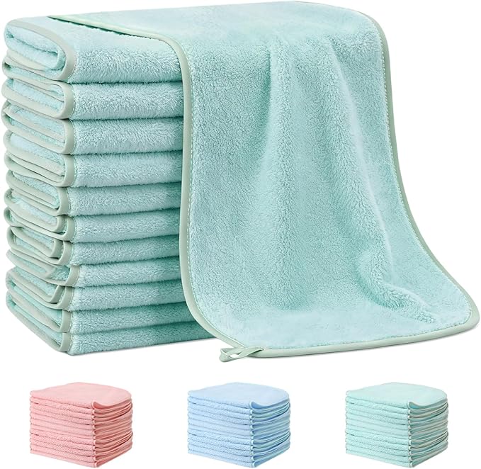Hahafelt 12 Pack Green Baby Burp Cloths for Boys and Girls Coral Fleece 20 x 10 Inch Super Soft Burp Cloths with Organza Bag for Newborn Sensitive Skin Essential