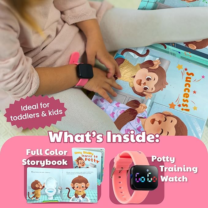 Potty Training Watch & Board Book for Kids – A Water Resistant Potty Reminder Device for Boys & Girls - Train Your Toddler with Fun Musical or Vibration Reminders and Printed Board Book (Pink)