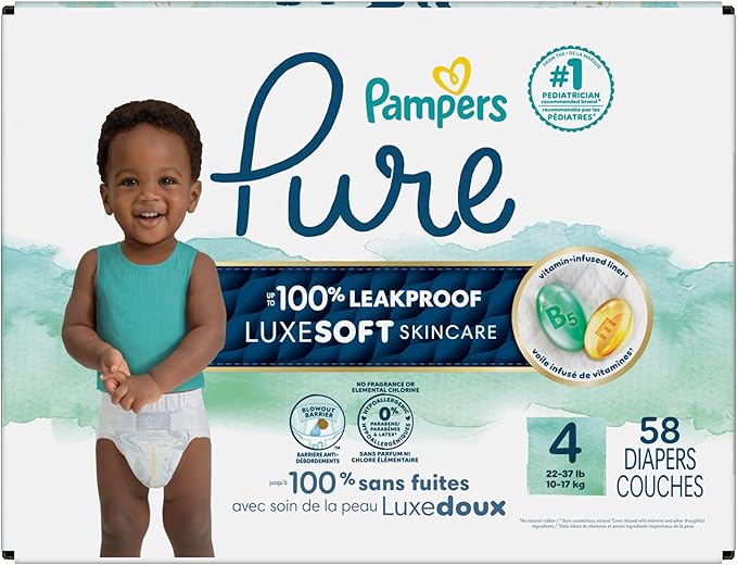 Pampers Pure Baby Diapers, Size 4 (22-37 lbs), 58, Up to 100% Leakproof, Premium Hypoallergenic Soft Diapers