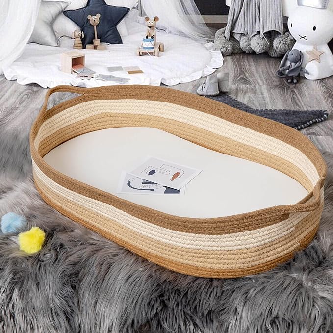 Baby Changing Basket - Moses Basket Changing Table Topper and Thick Foam Pad with Removable Cotton Mattress Cover, 100% Cotton Boho Nursery Decor with Storage Bag