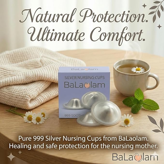 999 Pure Silver Nursing Cups for Breastfeeding – Lactation Consultant Recommended – Natural Soothing Relief for Sore or Cracked Nipples – Includes 2 Silicone Rings and Travel Case