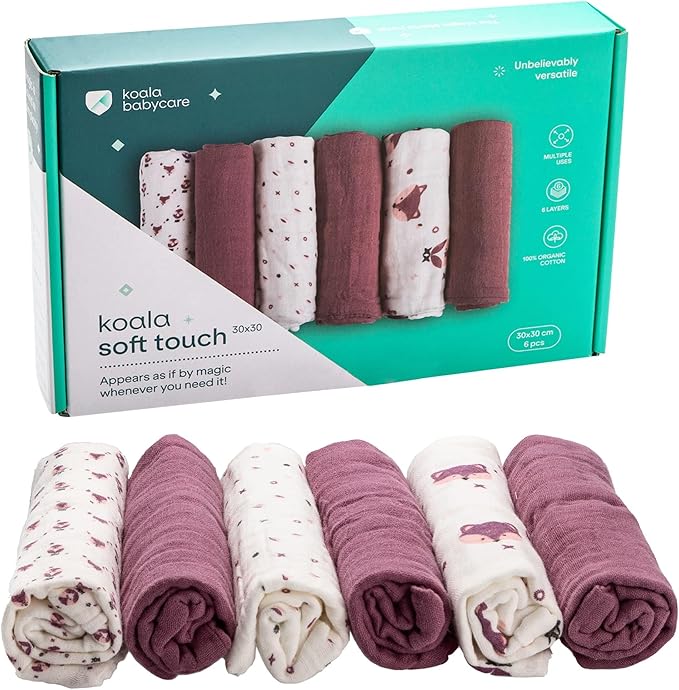 Koala Babycare 6 Pack 12"x12" Muslin Burp Cloths for Baby Boys and Girls - GOTS & Oeko-TEX Cotton Burp Rags for Newborns - Absorbent Neutral Burping Cloths for Feeding - Washable Baby Bibs Essentials
