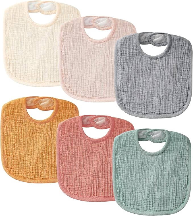 POIKSHARK 6-Pack Muslin Baby Bibs for Unisex Boys Girls, Cotton Baby Drool Bibs, Drooling and Teething Bibs for Infant