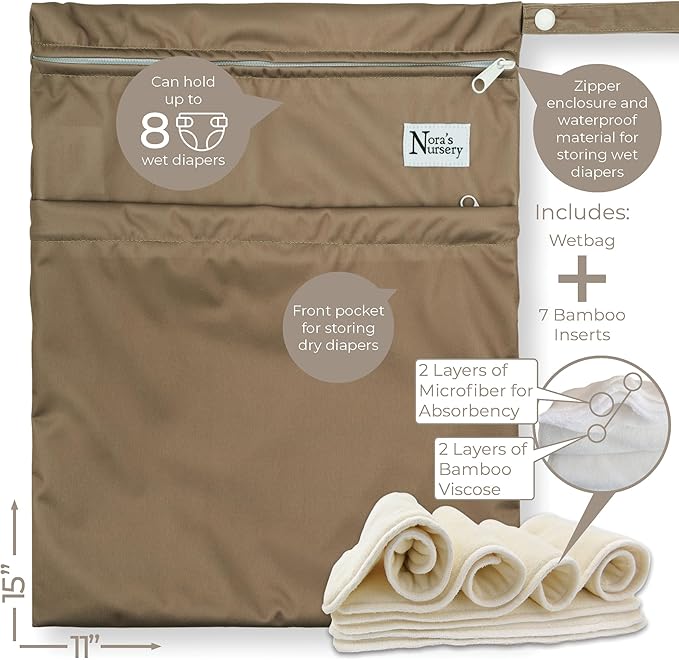 Nora's Nursery AWJ Cloth Diapers 7 Pack with 1 Wet Bag - Waterproof Cover, Washable, Reusable & One Size Adjustable Pocket Diapers for Newborns and Toddlers - Down to Earth