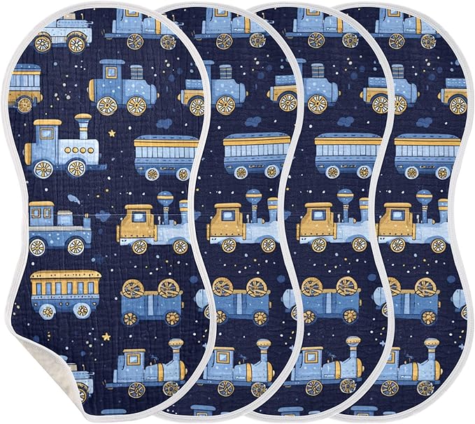 Trains Cute Blue Burp Cloths Baby Boys Girls Absorbent Soft Cotton Burping Cloths Rags 4 Pack