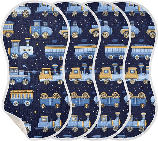 Trains Cute Blue Burp Cloths Baby Boys Girls Absorbent Soft Cotton Burping Cloths Rags 4 Pack