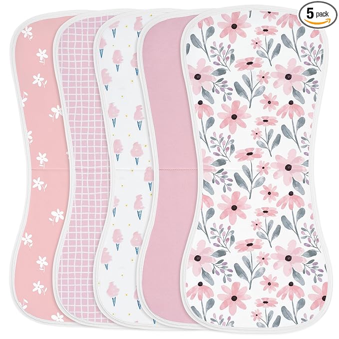 Yoofoss Baby Burp Cloths 100% Organic Cotton 5 Pack Burping Cloths for Babies Boys Girls Large 21''X10'' Extra Soft and Absorbent Flowers