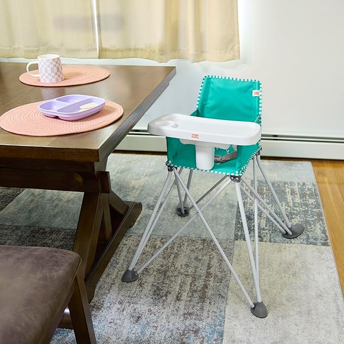 Bright Starts Pop 'N Dine Portable High Chair, Indoor/Outdoor, BPA Free Tray, Easy to Fold, Unisex, Teal, 6 Months +