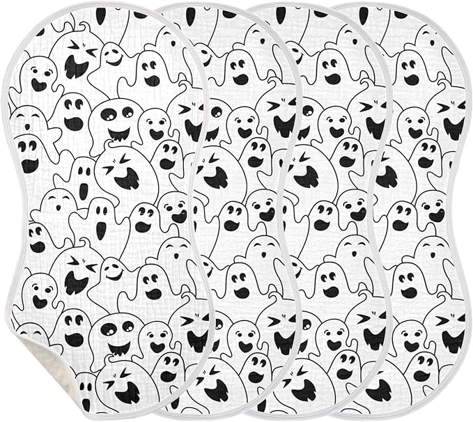 Muslin Burp Cloths for Baby Boys and Girls - 4-Pack Ultra Absorbent Halloween Ghosts Muslin Washcloths, Newborn Towel, Milk Spit Up Rags, Burp Cloth Bib for Unisex, 22 x 11 Inch
