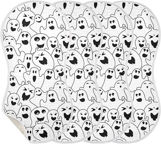 Muslin Burp Cloths for Baby Boys and Girls - 4-Pack Ultra Absorbent Halloween Ghosts Muslin Washcloths, Newborn Towel, Milk Spit Up Rags, Burp Cloth Bib for Unisex, 22 x 11 Inch