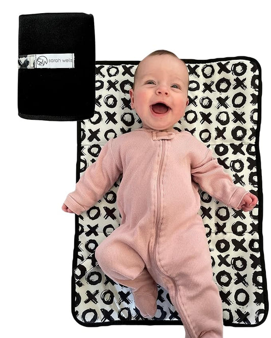 Sarah Wells Portable Diaper Changing Pad – Extra Large, Machine-Washable, Waterproof Changing Mat with Modern Print – Neoprene, Foldable for Travel or Diaper Bags (Black-XOXO)