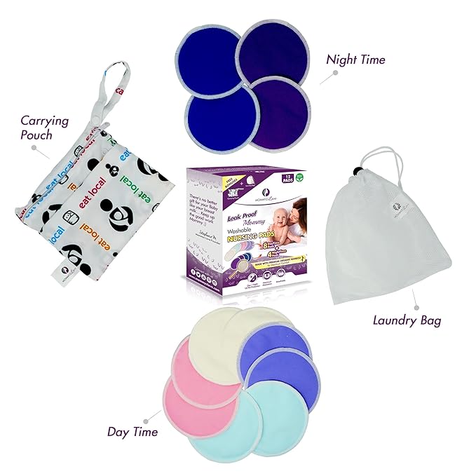 Best Organic Nursing Pads | Washable, Super Soft & Hypoallergenic | 12 Bundle Pack with Daytime and Overnight Protection in One Box + Laundry Bag + Carrying Pouch with Waterproof Pockets