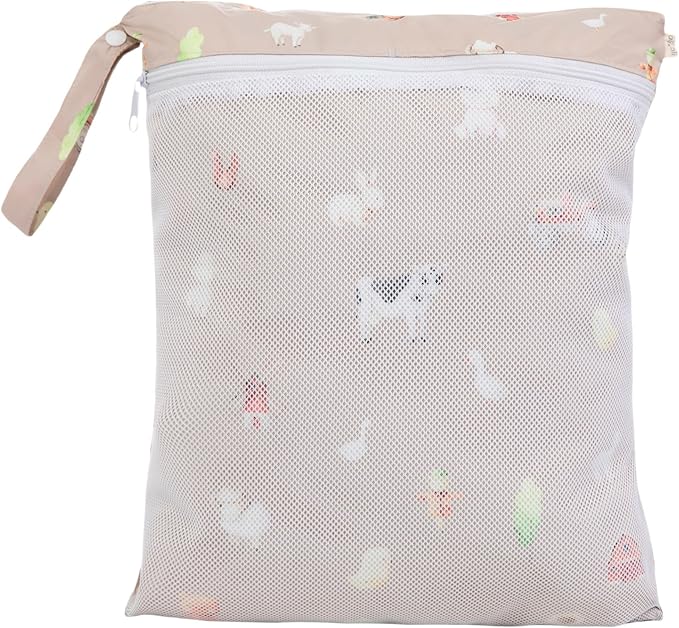 Ali+Oli Water Resistant Dual-Compartment Wet-Dry Bag for Travel, Hook to Stroller, Daycare, Diapers, Diaper Bag, Clutch Bag,15x12 inches (Farm)
