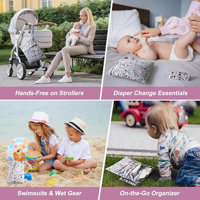 3 PCS Waterproof Wetbag, Wet Bags for Baby Cloth Diapers and Soiled Clothes, Reusable Wet Bag for Swimsuit and Towels with Double Zipper Pockets, Travel Beach Pool Essentials