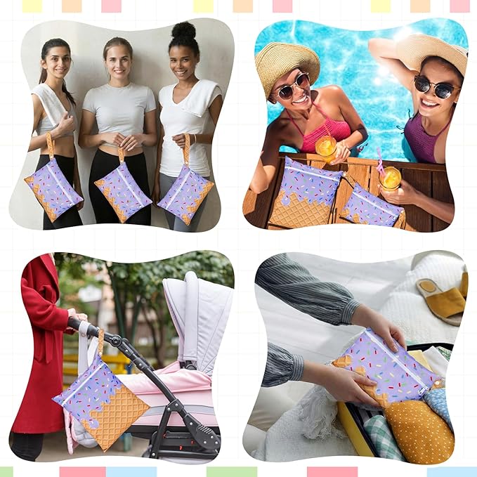 SATINIOR 2 Pack Wet Dry Bags Ice Cream Waterproof Pouch Large & Small Makeup Bag Baby Wet Bags Zipper Pouch for Baby Women Diapers Cloth(Purple)
