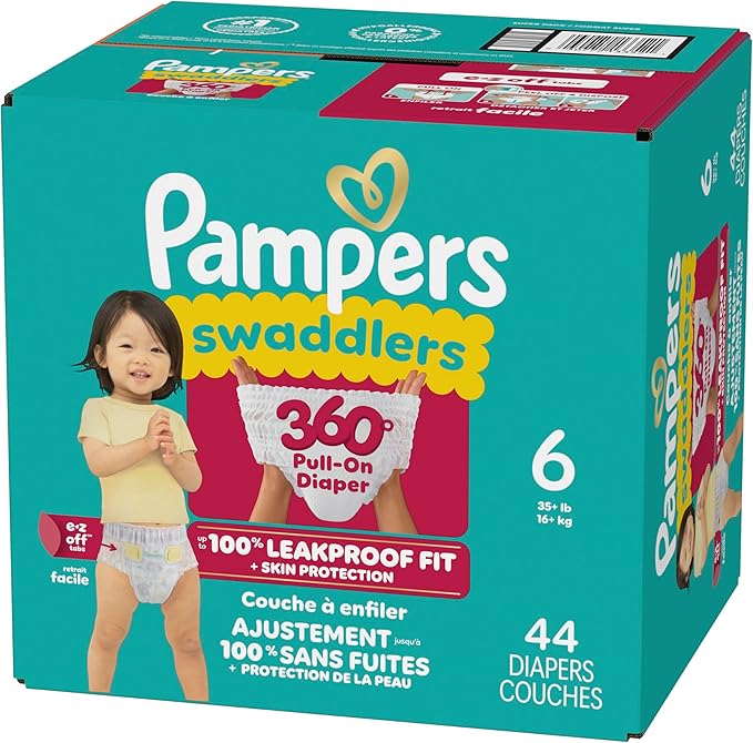 Pampers Diapers - Swaddlers 360° - Size 6, 44 Count, up to 100% Leakproof Comfy Dry Fit, Designed for Easy Changes, Pull On Baby Diaper (Packaging May Vary)