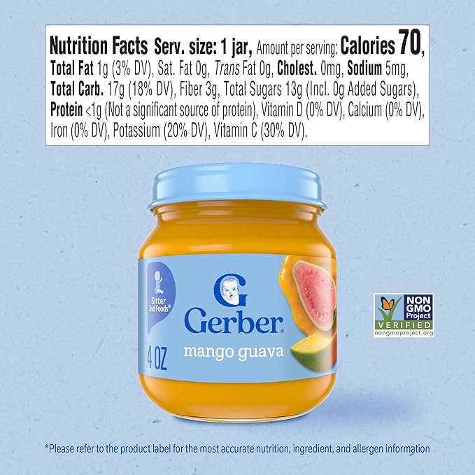 Gerber Infant, Baby Food, 2nd Foods for Babies, Puree Jar, Fruit Mango Guava 4oz Jar, 10 Count