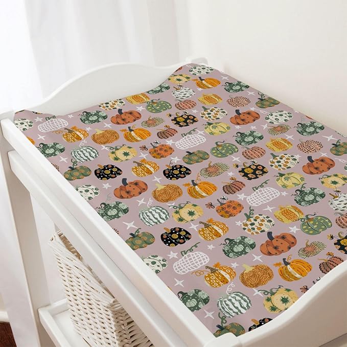 Vintage Fall Pumpkins Floral Baby Changing Pad Covers Autumn Harvest Diaper Changing Table Sheets for Boy Girl Thanksgiving Soft Breathable Stretch Baby Change Pad Table Mats 32''x16''