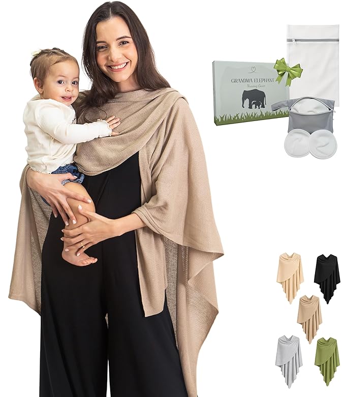 Set Premium Breast Feeding Covers for Women of All Body Types: Ultra Soft Stylish and Breathable Nursing Cover up for Breastfeeding + 4 Reusable Breast Pads for Nursing Comfort (Honey Camel)