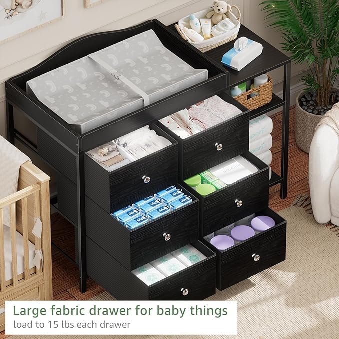 BOLUO Baby Dresser with Changing Table Top, Black Changing Table Dresser with 6 Fabric Drawers Diaper Changing Station with Storage Shelf for Nursery Modern