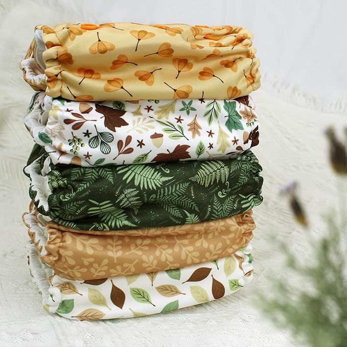 Mama Koala 3.0 Pocket Cloth Diapers for Babies with AWJ Lining, 6 Pack with 6 5-Layer Natural Cloth Diaper Inserts - Reusable and Washable Pocket Diapers(A-Falling Leaves)