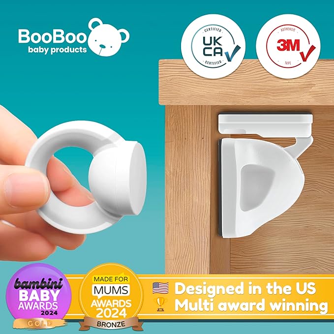 Booboo Baby Magnetic Child Safety Cupboard Locks for Children x10 Locks + x1 Key, Baby Proofing for Kitchen, Cabinets and Drawers, 30 Second Install No Drilling 3M Adhesive (10 Pack)