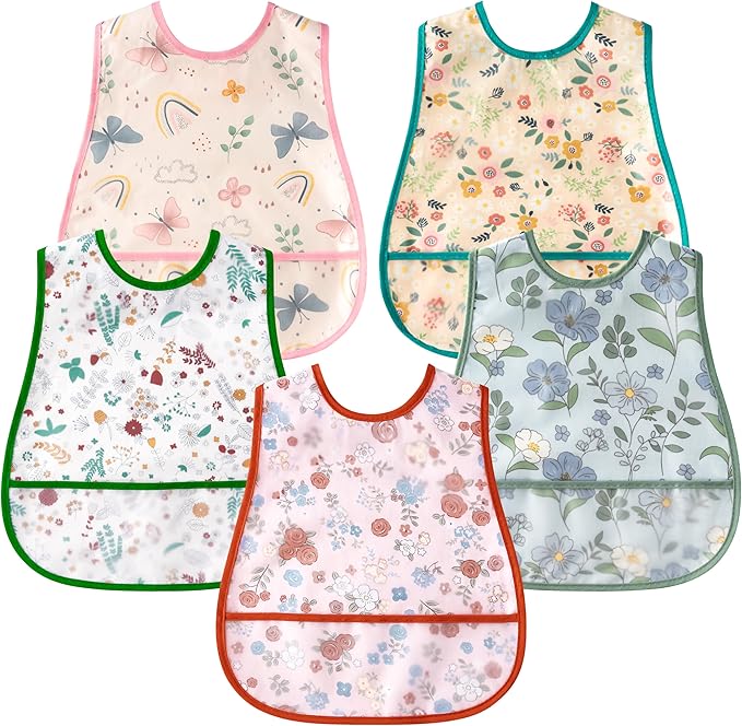 R HORSE 5Pcs Baby Bibs Set Toddler Bibs with Crumb Catcher Pocket & Snap Button Waterproof Baby Feeding Bibs for 6-24 Months