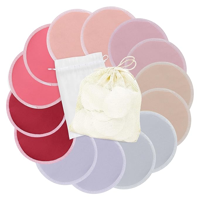 wegreeco Nursing Breast Pads (14 Pack) + Laundry Bag & Travel Storage Bag, 4.7 inch Option - Washable & Reusable Breastfeeding Nursing Pads (Pink and Purple, Large, Plain Shape)