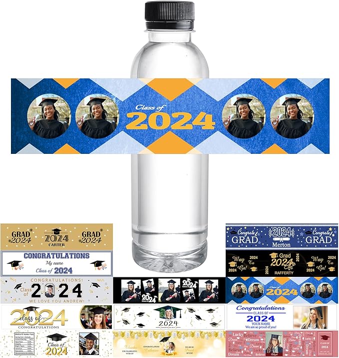 Personalized Water Bottle Labels Graduation Custom Graduation Labels with Name for Water Bottle Stickers Waterproof Printable Photo Bottle Labels Graduation Gifts 50 Pcs