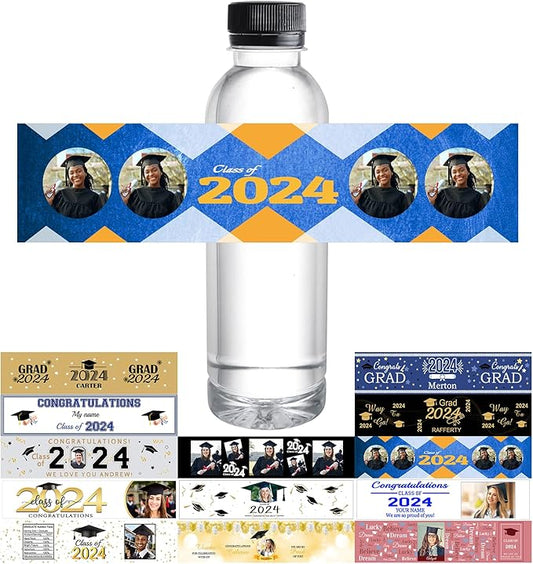Personalized Water Bottle Labels Graduation Custom Graduation Labels with Name for Water Bottle Stickers Waterproof Printable Photo Bottle Labels Graduation Gifts 50 Pcs