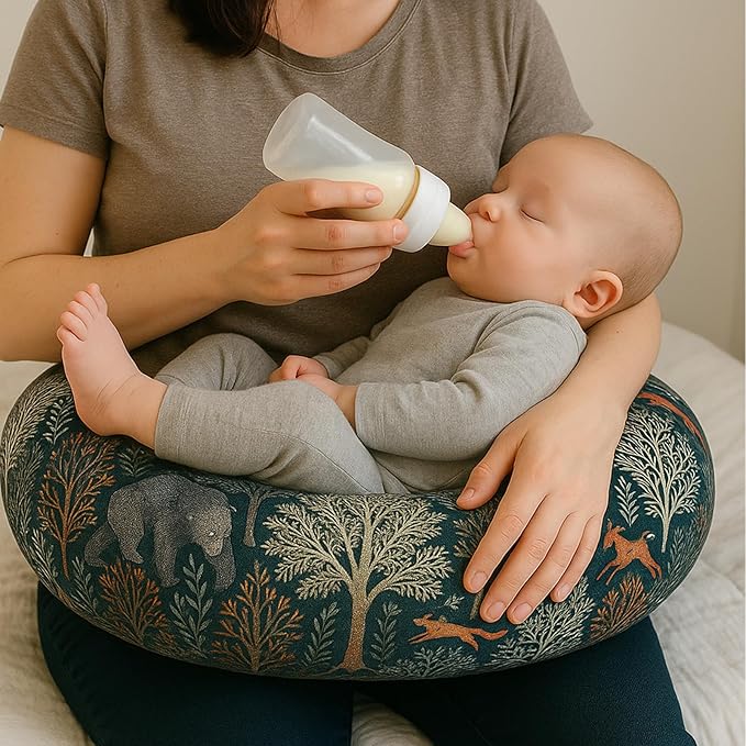 2 Pack Baby Nursing Pillow Cover Newborn U-Shaped Breastfeeding Pillowcase Cushion Cover Stretchy Replaceable Forest&Floral Pillow Cover Slipcover 22.5x18 (Forest + Retro Geometry)