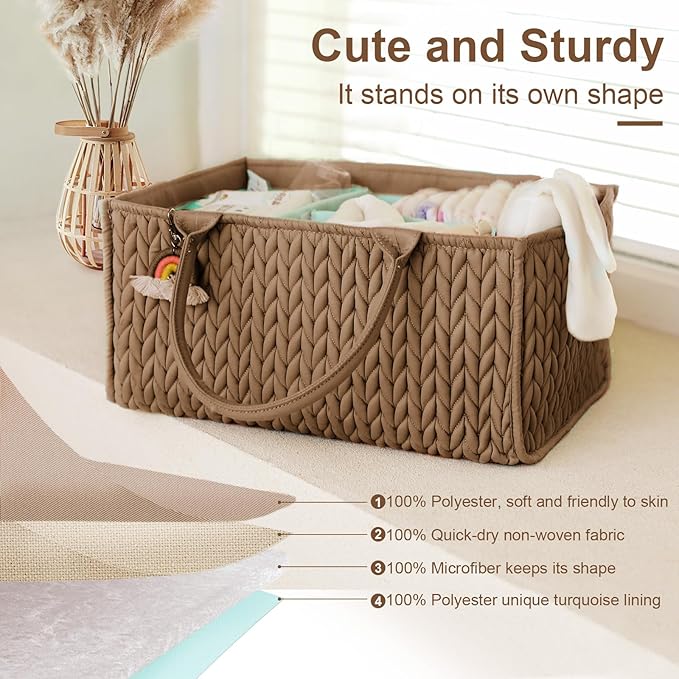 MOMINSIDE Diaper Caddy Organizer, Baby Basket Nursery Storage, Portable Changing Table Car caddy organizer for Girl Boy, Baby Registry Baby Shower Gifts, Newborn Essentials(Brown), FA231103-2N