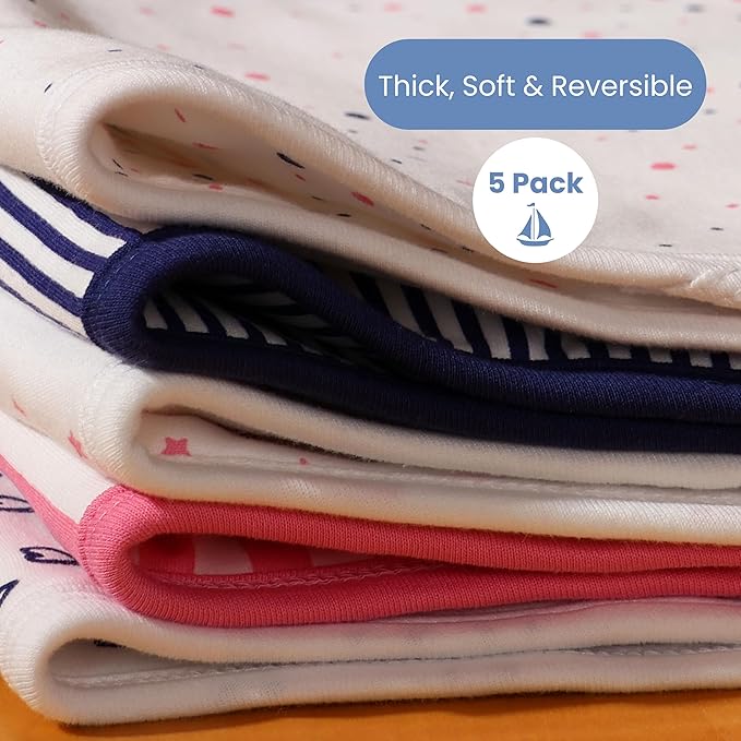Tom Tom's Kids + Baby Organic Baby Burp Cloths 5 Pack - GOTS Certified Organic Cotton, Classic Contoured Figure-8 Design, Extra Absorbent, 22x11 in, Traditional Girls, Pink and Navy