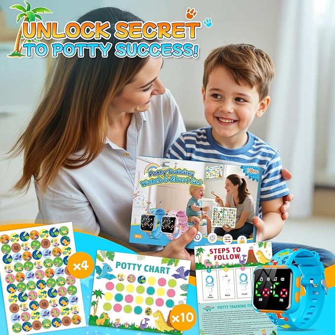 Potty Training Watch & Chart for Kids: Water Resistant Potty Watches Dinosaur Potty Training Chart for Toddler Boys Adjustable Volume Toilet Reminder with Reward Stickers Gifts for Boy (Blue)