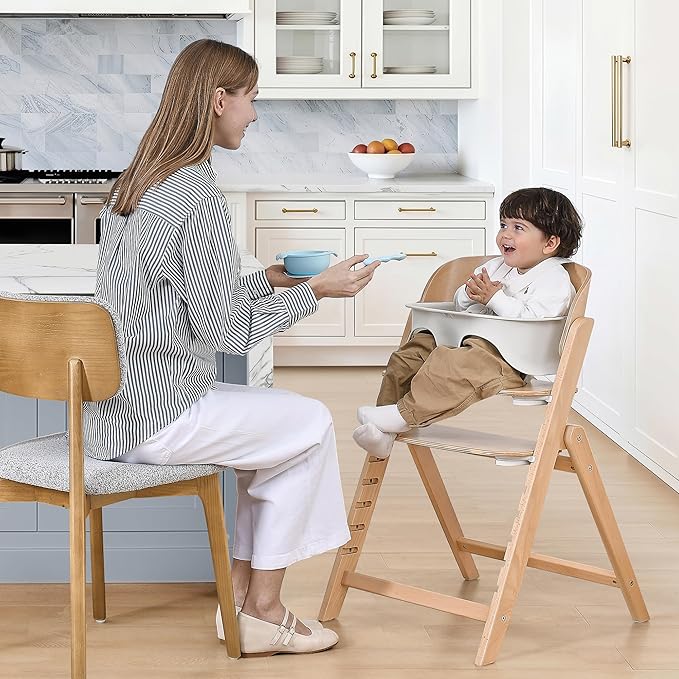 Delta Children Crave 4-in-1 Convertible High Chair – Folds Flat, FSC Certified Beech Wood Frame, Grows from Baby to Adult, Magnetic Buckle & Dishwasher-Safe Tray – Natural