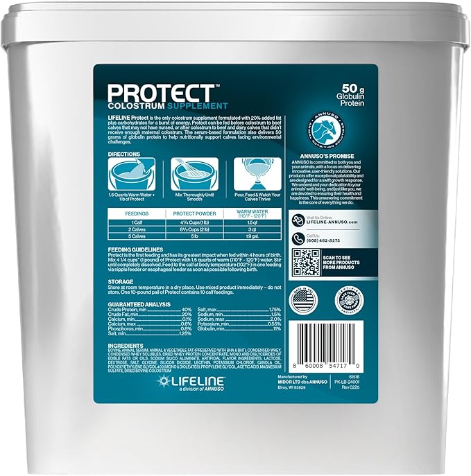 ANNUSO LIFELINE Protect Colostrum Supplement for Calves, 10lb Pail - 50g Globulin Protein per Feeding - 20% Added Fat and Carbohydrates - Immune and Energy Support for Newborn Calves