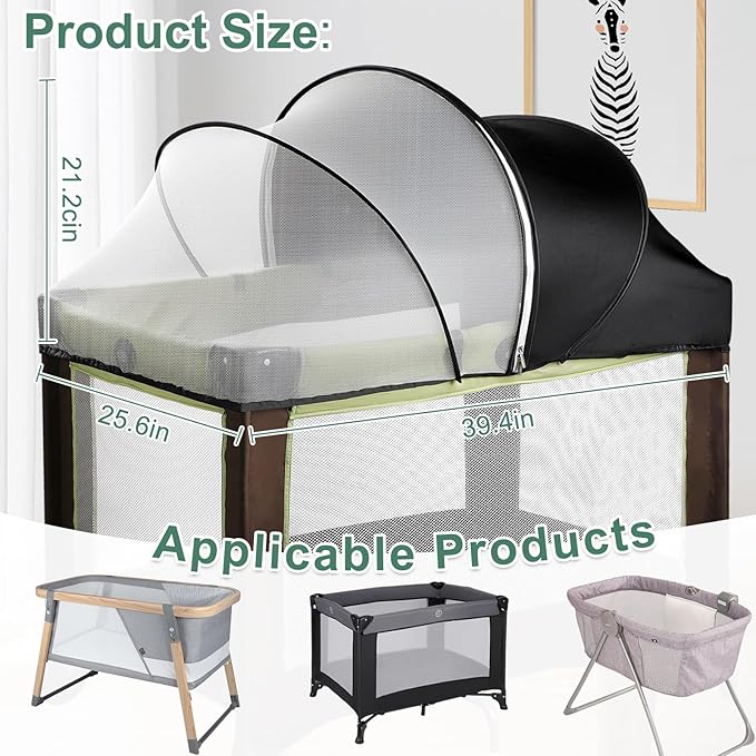 Pack N Play Tent Cover & Bassinet Canopy - Half-Blackout Breathable Mosquito Net with 2-Way Zipper for Bassinet, Travel Crib, Mini Crib & Playpen to Keep Cats Out (Black-Large)