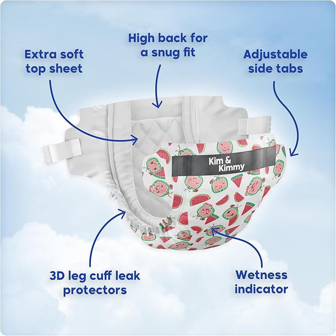 Kim & Kimmy Eco Diapers, Size 5, 26-38 lbs, 44 Diapers - 12 Hour Leak Protection, No Rashes, Hypoallergenic, Ultra-Soft & Highly Absorbent - Cruelty Free & Vegan - Little Clouds