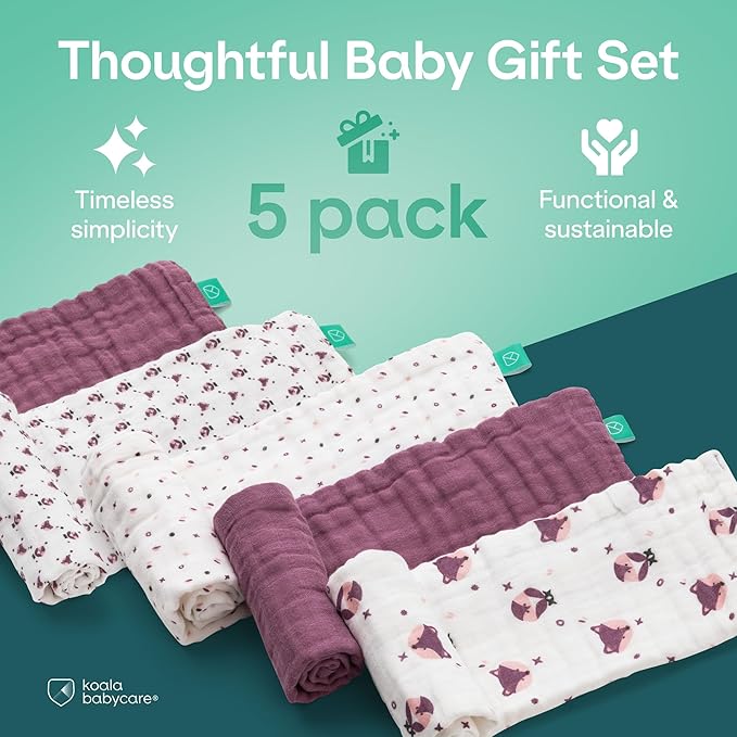 Koala Babycare 5 Pack 20"x10" Organic Burp Cloths for Baby Boys and Girls - GOTS & OEKO-TEX Cotton Burp Rags for Newborns - Absorbent Neutral Burping Cloths for Feeding - Washable Baby Bibs Essentials
