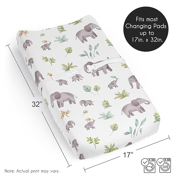 Sweet Jojo Designs Watercolor Elephants Boy Girl Gender Neutral Baby Changing Pad Cover Sheet Infant Newborn Diaper Table Change Mat Cover Sage Green Grey Jungle Safari Palm Trees Leaf Tropical Nature