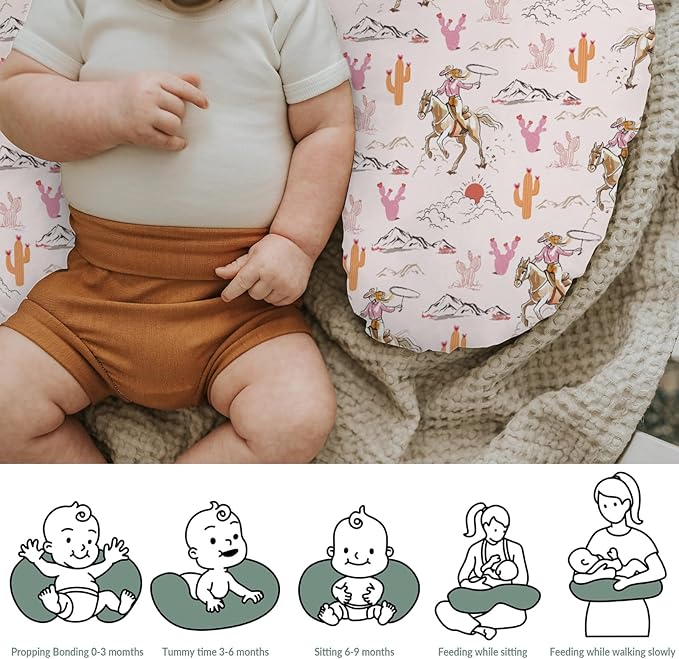 Cute Pink Cowgirl Nursing Pillow Covers for Girl Western Cowgirls Horse Cactus Mountain Sunset Nursery Slipcovers for Breastfeeding Pillows Wild West Desert Soft Stretchy Cover for Newborn Infant