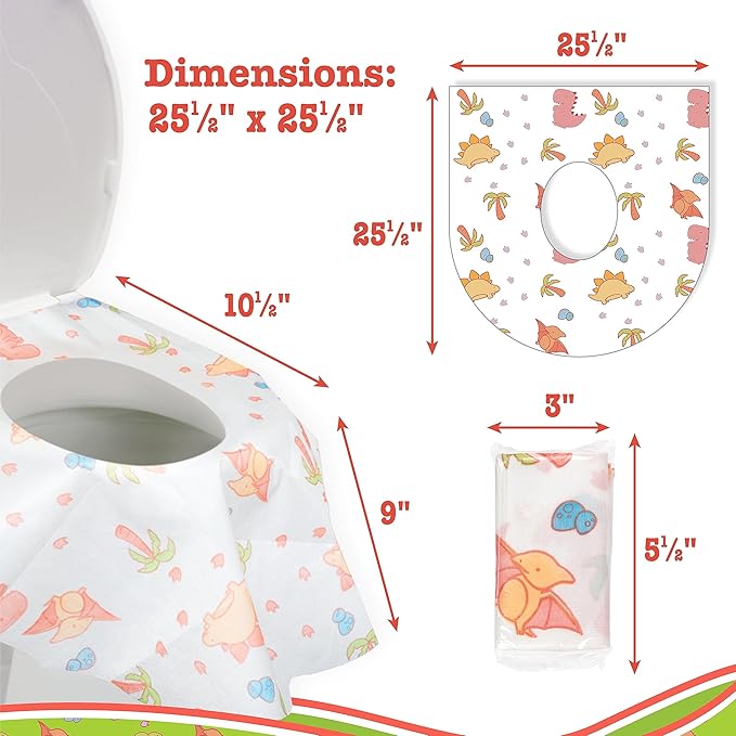Potty Shields Toilet Seat Covers Disposable (12 pk, Dinosaurs) - XL Waterproof Toilet Cover for Toddlers, Kids & Adults - Portable & Individually Wrapped for Travel, Potty Training, Public Restrooms