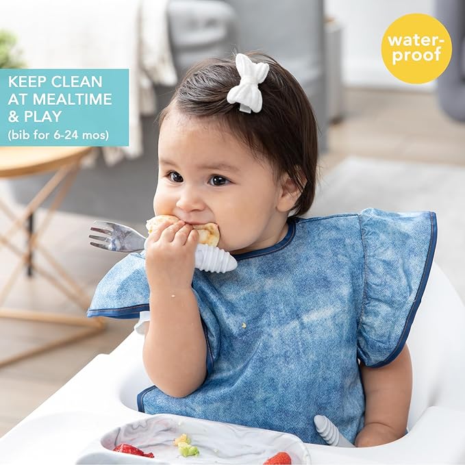 Bumkins Ruffle Apron Bib and 2-pack Sandwich Bags, Waterproof Fabric, Faux Denim