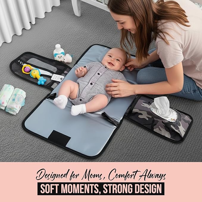 Black Grey Baby Camo Portable Diaper Changing Pad Waterproof Foldable Travel Mat with Pockets Soft Oxford Fabric Lightweight Compact Changing for Parents Multiple Pockets for Storage