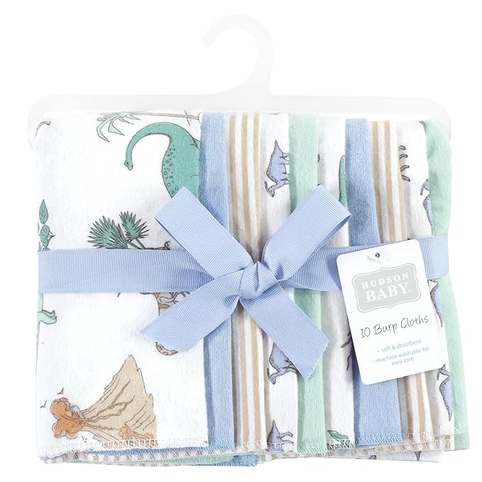 Hudson Baby Unisex Baby Cotton Flannel Burp Cloths 10-Pack, Boy Dino World, One Size