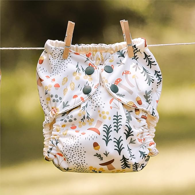 Esembly Cloth Diaper Cover - Reusable Swim Diaper, Waterproof, Breathable - Adjustable Outer Layer Over Absorbent Inner for Blowout Protection - Fantastic Funghi, Size 1 (7-17lbs)