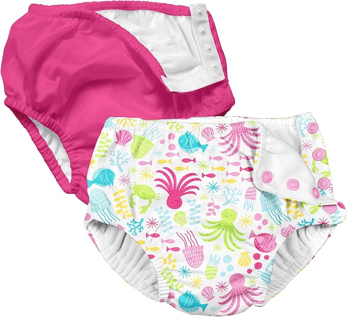 i Play. 2 Pack Girls Reusable Baby Swim Diapers Swim Diapers Hot Pink and Sea Fish Friends 6 Months