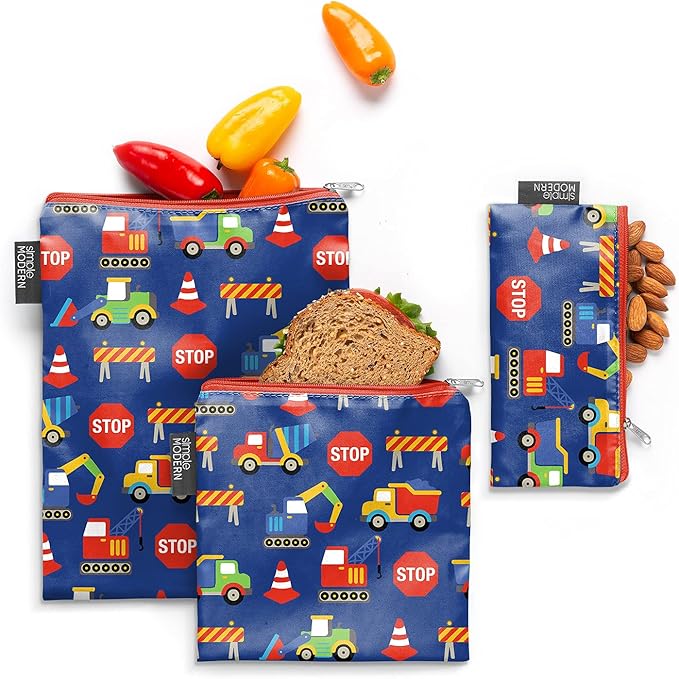 Simple Modern Reusable Snack Bags for Kids, Boys | Food Safe, BPA Free, Phthalate Free, Polyester Zip Pouches | Washable & Refillable Sandwich Bag | Ellie Collection | 3 pack | Under Construction