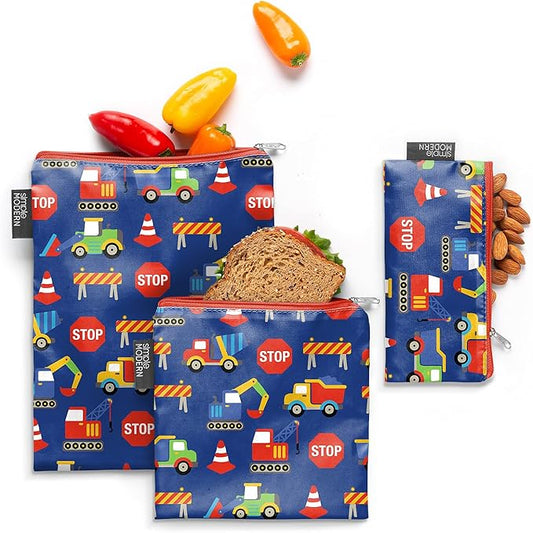 Simple Modern Reusable Snack Bags for Kids, Boys | Food Safe, BPA Free, Phthalate Free, Polyester Zip Pouches | Washable & Refillable Sandwich Bag | Ellie Collection | 3 pack | Under Construction